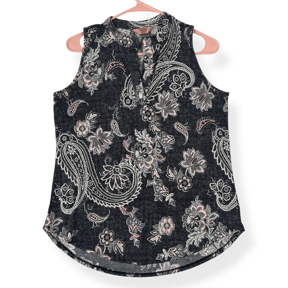 Amana Top Womens M Medium Black White Pink Paisley Sleeveless